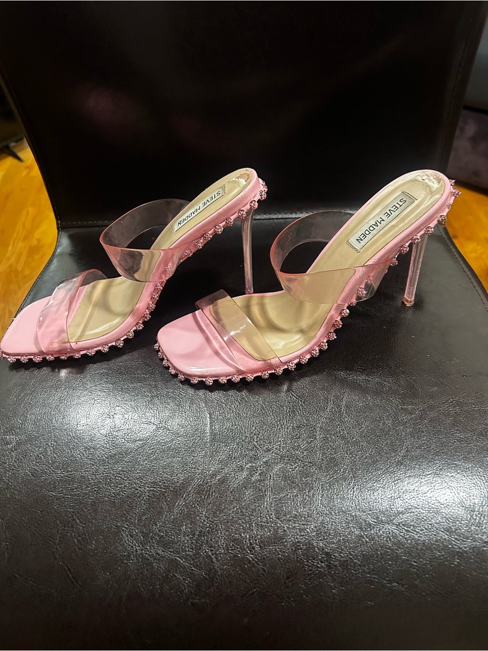 Steve Madden Pink Beaded Clear-Strap Stiletto Heels